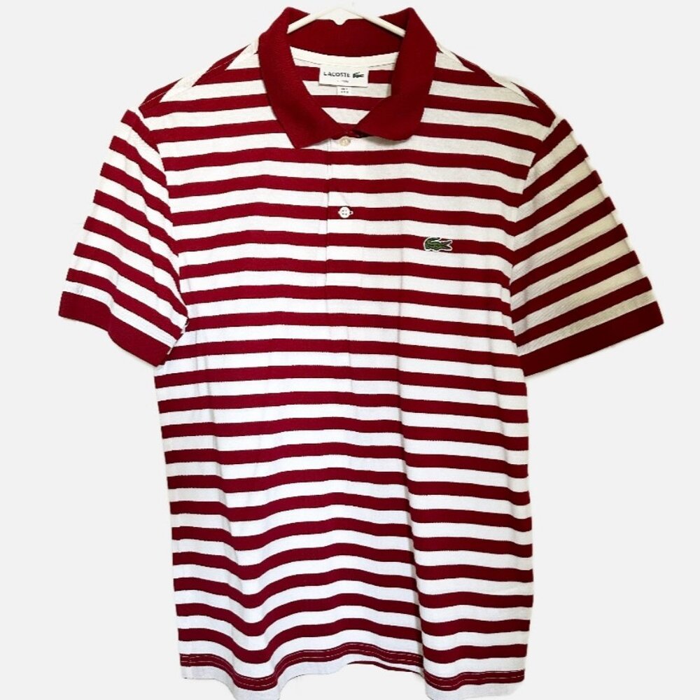 Lacoste Red & White Striped Slim Fit Polo Shirt – Men’s M – Cotton
